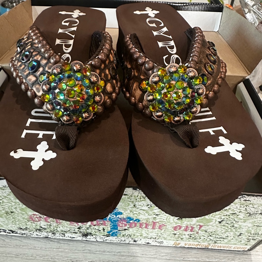 Women's Brown Jeweled Flip Flop Sandals